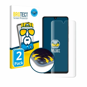 Front side of a product packaging with the brand logo BROTECT. Next to it is the device Samsung Galaxy A41 shown with the corr