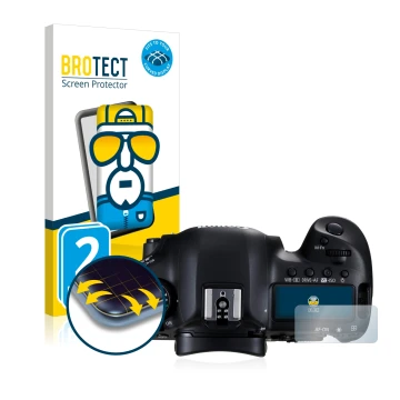Front side of a product packaging with the brand logo BROTECT. Next to it is the device Canon EOS 5D Mark III (top plate displ