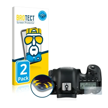 Front side of a product packaging with the brand logo BROTECT. Next to it is the device Canon EOS 6D Mark II (top plate displa