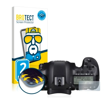 Front side of a product packaging with the brand logo BROTECT. Next to it is the device Canon EOS 5DS (top plate display) show