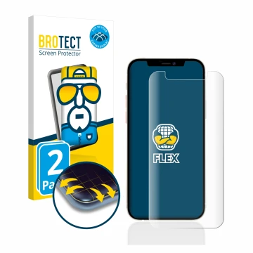 Front side of a product packaging with the brand logo BROTECT. Next to it is the device Apple iPhone 12 mini shown with the co