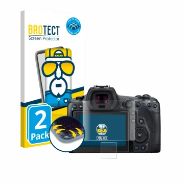 Front side of a product packaging with the brand logo BROTECT. Next to it is the device Canon EOS R5 shown with the correspond