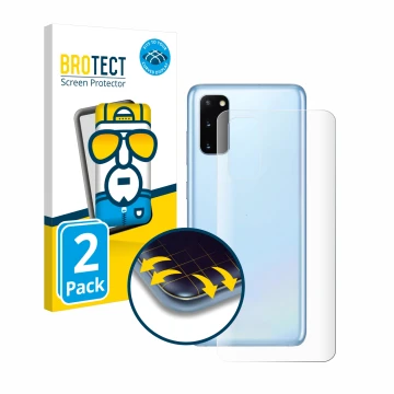 Front side of a product packaging with the brand logo BROTECT. Next to it is the device Samsung Galaxy S20 5G (Back) shown wit