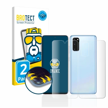 Front side of a product packaging with the brand logo BROTECT. Next to it is the device Samsung Galaxy S20 5G (Front+Back) sho