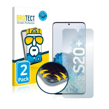 Front side of a product packaging with the brand logo BROTECT. Next to it is the device Samsung Galaxy S20 Plus 5G shown with 