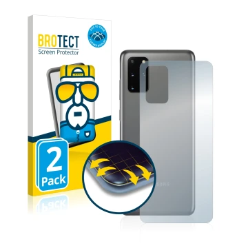 Front side of a product packaging with the brand logo BROTECT. Next to it is the device Samsung Galaxy S20 Plus 5G (Back) show