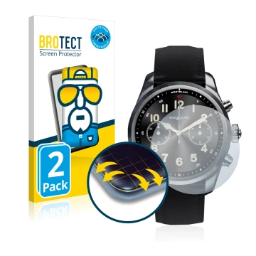 Front side of a product packaging with the brand logo BROTECT. Next to it is the device Montblanc Summit 2 Plus shown with the