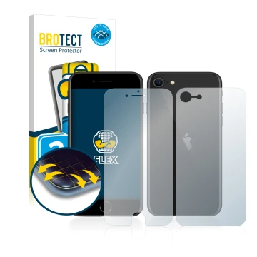 Front side of a product packaging with the brand logo BROTECT. Next to it is the device Apple iPhone SE 2 2020 (Front+Back) sh