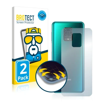 Front side of a product packaging with the brand logo BROTECT. Next to it is the device Xiaomi Redmi Note 9 Pro (Back) shown w