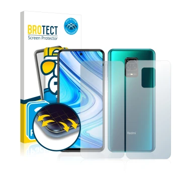 Front side of a product packaging with the brand logo BROTECT. Next to it is the device Xiaomi Redmi Note 9 Pro (Front+Back) s