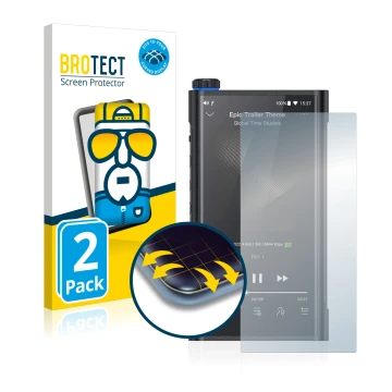 Front side of a product packaging with the brand logo BROTECT. Next to it is the device FiiO M15 shown with the corresponding 