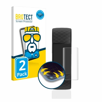 Front side of a product packaging with the brand logo BROTECT. Next to it is the device Fitbit Charge 4 shown with the corresp