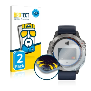 Front side of a product packaging with the brand logo BROTECT. Next to it is the device Garmin quatix 6 shown with the corresp