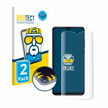 Front side of a product packaging with the brand logo BROTECT. Next to it is the device Huawei P30 lite New Edition shown with