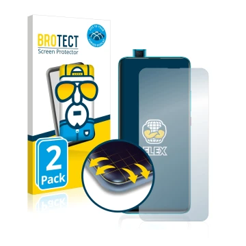 Front side of a product packaging with the brand logo BROTECT. Next to it is the device Xiaomi Poco F2 Pro shown with the corr