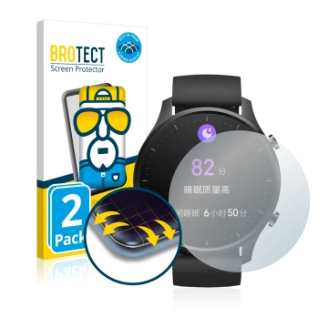 Front side of a product packaging with the brand logo BROTECT. Next to it is the device Xiaomi Mi Watch Revolve shown with the
