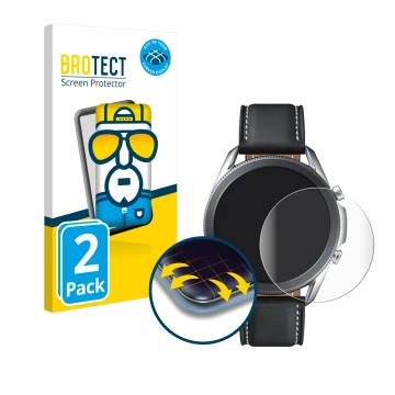 Front side of a product packaging with the brand logo BROTECT. Next to it is the device Samsung Galaxy Watch 3 (45mm) shown wi