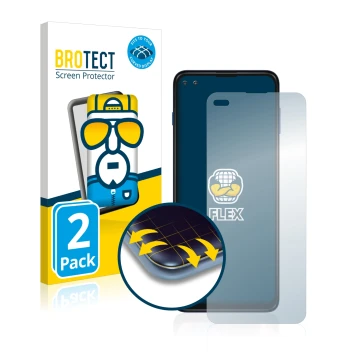 Front side of a product packaging with the brand logo BROTECT. Next to it is the device Motorola Moto G 5G Plus shown with the