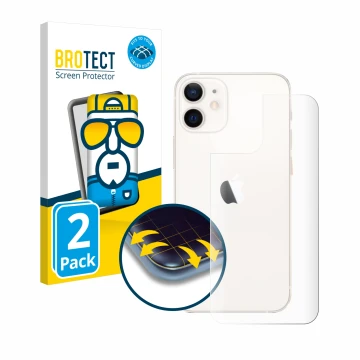 Front side of a product packaging with the brand logo BROTECT. Next to it is the device Apple iPhone 12 mini (Back) shown with