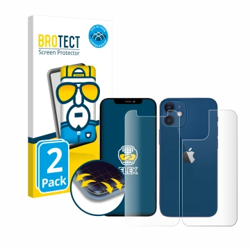 Front side of a product packaging with the brand logo BROTECT. Next to it is the device Apple iPhone 12 mini (Front+Back) show