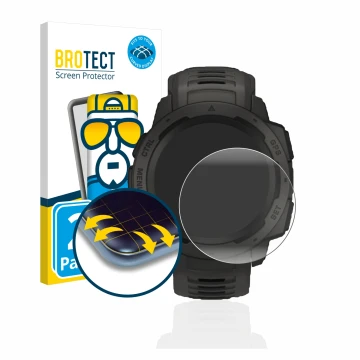 Front side of a product packaging with the brand logo BROTECT. Next to it is the device Garmin Instinct Solar shown with the c