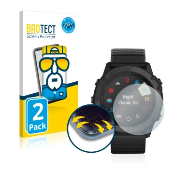 Front side of a product packaging with the brand logo BROTECT. Next to it is the device Garmin Tactix Delta Solar shown with t