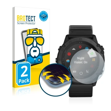 Front side of a product packaging with the brand logo BROTECT. Next to it is the device Garmin Tactix Delta Solar Ballistic sh
