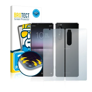 Front side of a product packaging with the brand logo BROTECT. Next to it is the device Sony Xperia 1 II (Front+Back) shown wi