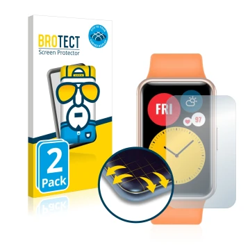 Front side of a product packaging with the brand logo BROTECT. Next to it is the device Huawei Watch Fit shown with the corres