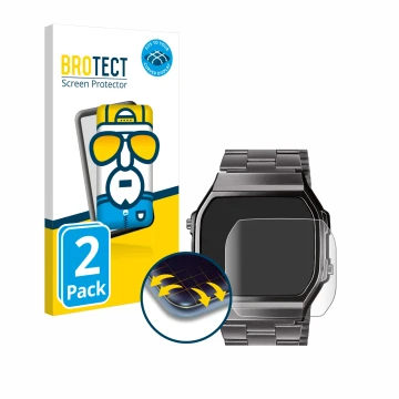 Front side of a product packaging with the brand logo BROTECT. Next to it is the device Casio A168WEGG-1BEF shown with the cor