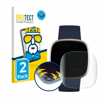Front side of a product packaging with the brand logo BROTECT. Next to it is the device Fitbit Versa 3 shown with the correspo