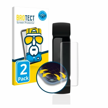 Front side of a product packaging with the brand logo BROTECT. Next to it is the device Fitbit Inspire 2 shown with the corres