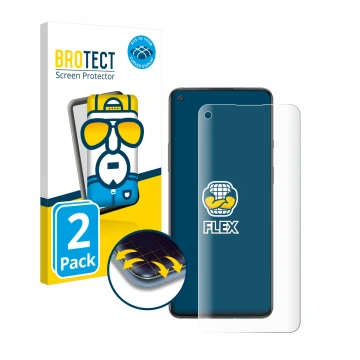 Front side of a product packaging with the brand logo BROTECT. Next to it is the device OnePlus 8T shown with the correspondin