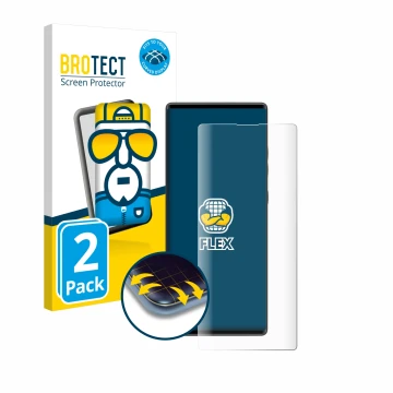 Front side of a product packaging with the brand logo BROTECT. Next to it is the device LG Wing shown with the corresponding s