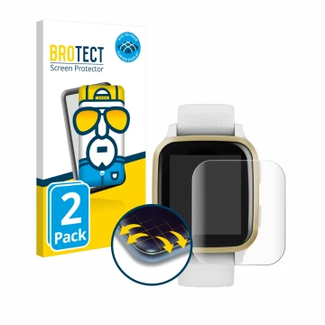 Front side of a product packaging with the brand logo BROTECT. Next to it is the device Garmin Venu Sq shown with the correspo
