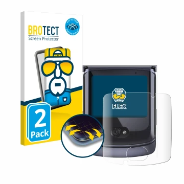 Front side of a product packaging with the brand logo BROTECT. Next to it is the device Motorola Razr 5G 2020 (Front display) 
