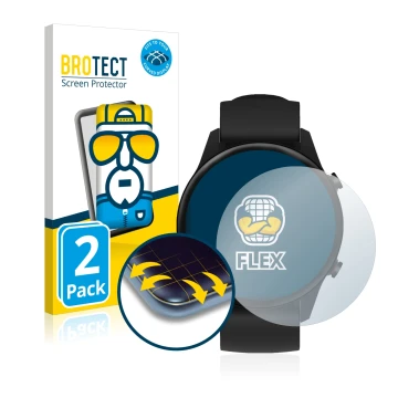 Front side of a product packaging with the brand logo BROTECT. Next to it is the device Xiaomi Mi Watch 2021 shown with the co