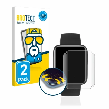 Front side of a product packaging with the brand logo BROTECT. Next to it is the device Xiaomi Mi Watch Lite shown with the co