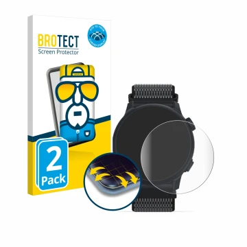 Front side of a product packaging with the brand logo BROTECT. Next to it is the device Coros Pace 2 shown with the correspond