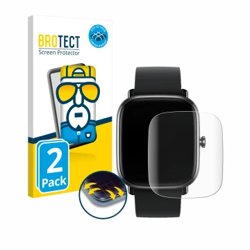 Front side of a product packaging with the brand logo BROTECT. Next to it is the device Huami Amazfit GTS 2 mini shown with th
