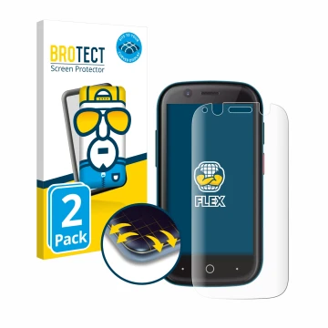Front side of a product packaging with the brand logo BROTECT. Next to it is the device Unihertz Jelly 2 shown with the corres