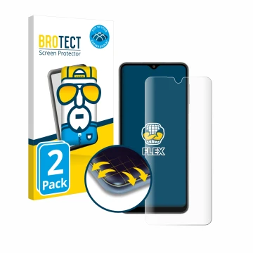 Front side of a product packaging with the brand logo BROTECT. Next to it is the device Samsung Galaxy A32 5G shown with the c