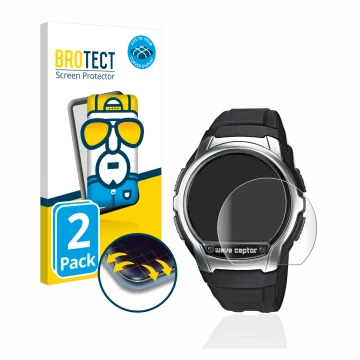 Front side of a product packaging with the brand logo BROTECT. Next to it is the device Casio Wave Ceptor WV-58 shown with the