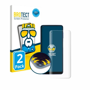 Front side of a product packaging with the brand logo BROTECT. Next to it is the device Motorola Moto G Power 2021 shown with 
