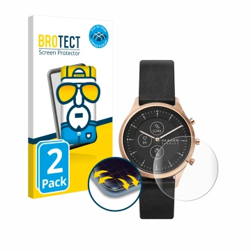 Front side of a product packaging with the brand logo BROTECT. Next to it is the device Skagen Jorn Hybrid HR (38 mm) shown wi