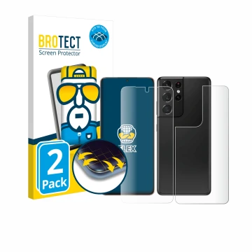 Front side of a product packaging with the brand logo BROTECT. Next to it is the device Samsung Galaxy S21 Ultra 5G (Front+Bac