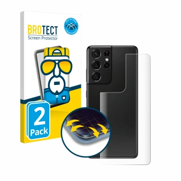 Front side of a product packaging with the brand logo BROTECT. Next to it is the device Samsung Galaxy S21 Ultra 5G (Back) sho