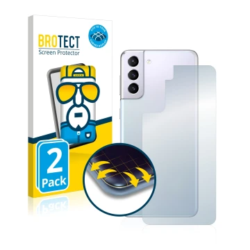 Front side of a product packaging with the brand logo BROTECT. Next to it is the device Samsung Galaxy S21 Plus 5G (Back) show