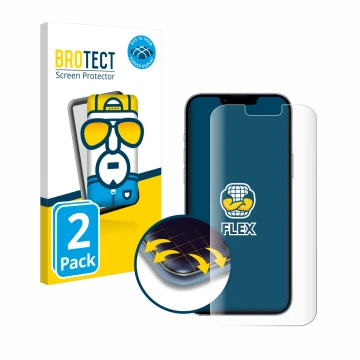 Front side of a product packaging with the brand logo BROTECT. Next to it is the device Apple iPhone 13 Pro Max shown with the