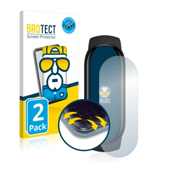 Front side of a product packaging with the brand logo BROTECT. Next to it is the device Xiaomi Mi Band 6 shown with the corres